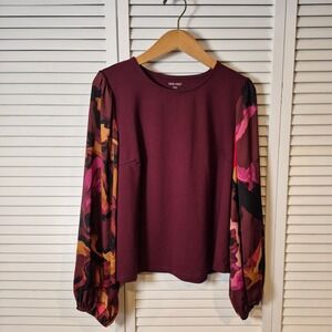 Nine West XXL Blouse Burgundy Floral Balloon Long Sleeve Top Womens